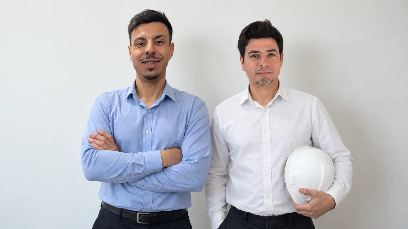 Franco Gallego y Ángel de los Santos, fundadores de ConstruFach, con casco de obra